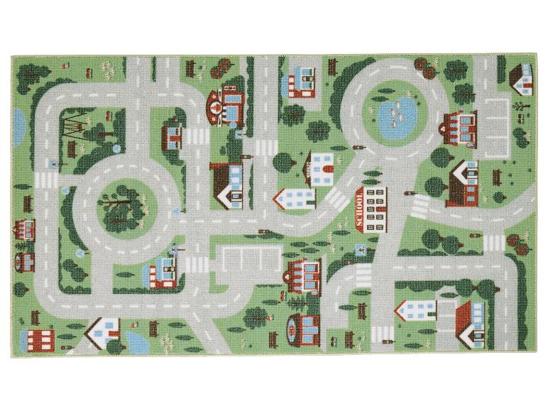 Kinderspeelkleed met stadsplattegrond, wegen, huizen en school.
