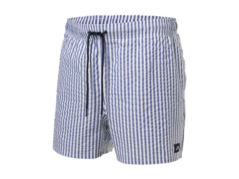 Heren zwemshort met blauw-witte strepen en trekkoord.
