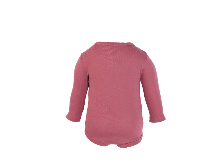 Roze romper met lange mouwen voor baby's, achteraanzicht.
