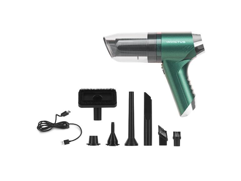 Groene Invictus handstofzuiger met accessoires en oplaadkabel.