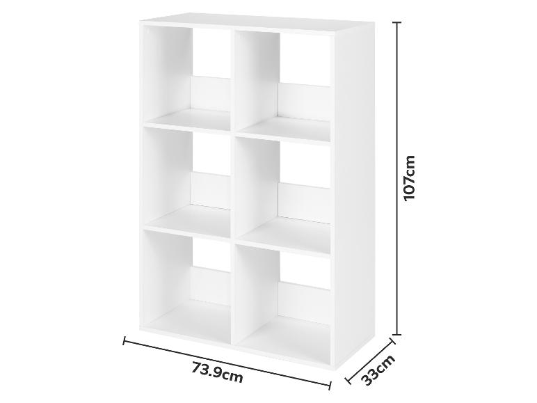 Witte opbergkast met 6 vakken, afmetingen 107x73.9x33cm.