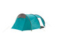 Een turquoise tent met een grijze luifel en gele touwen.