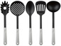 Een set met keukengerei, waaronder een spatel, een soeplepel, een schep met gaatjes en een pastalepel.