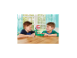 Twee jongens spelen een bordspel met een rood-witte vleesetende plant.