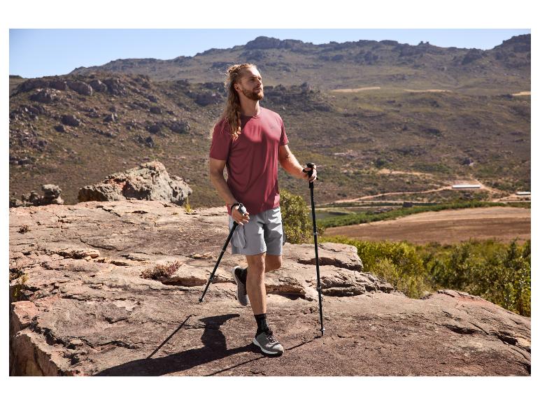 Man in wandel-T-shirt en korte broek, met trekkingstokken, in een bergachtig landschap.