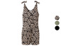 Een beige jumpsuit met zwart geometrisch patroon.