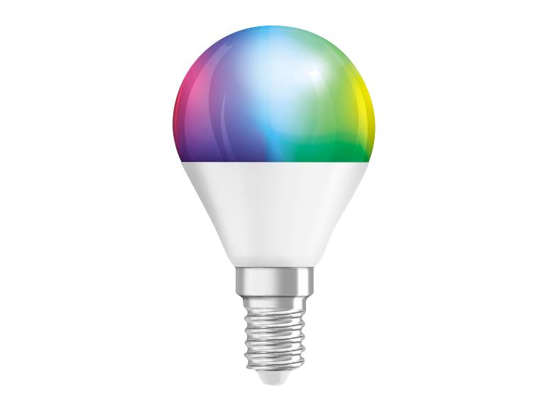 Slimme LED-lamp met een kleurrijke, gradiëntbol en witte voet.