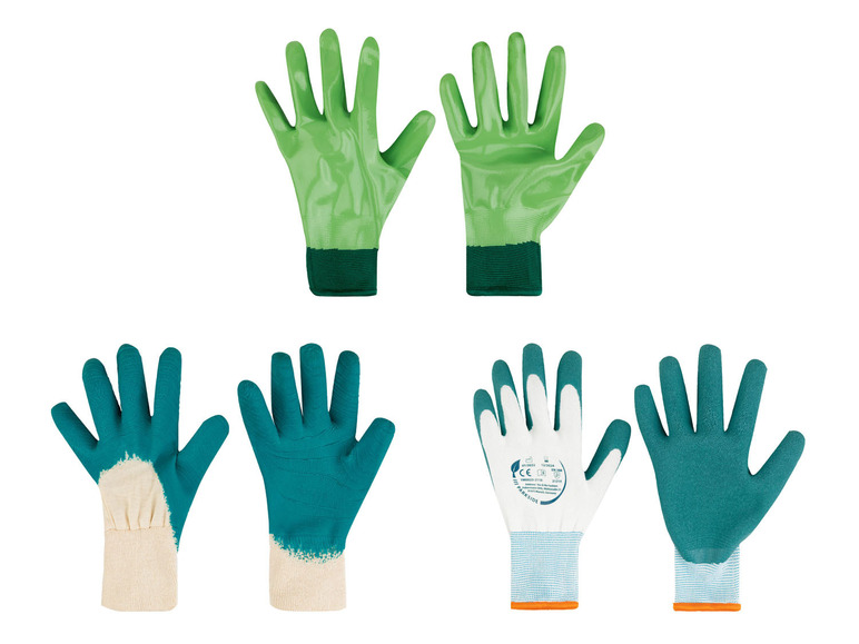 Een paar groene en blauwe tuinhandschoenen.