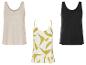 Drie dames tanktops: beige, zwart en met print.