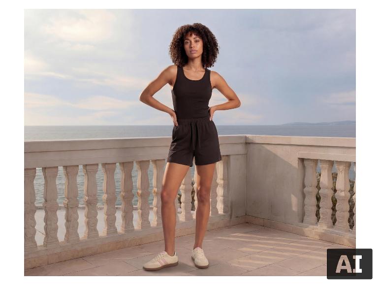 Een vrouw poseert op een terras in de zwarte ESMARA® damesshort. [AI-gegenereerde afbeelding]