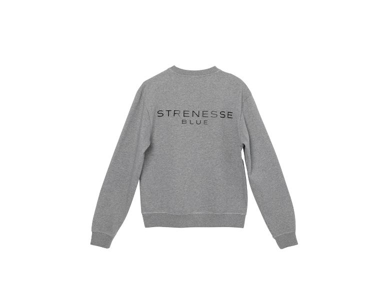 Grijze sweater met de tekst 'STRENESSE BLUE' op de rug.