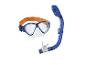 Blauw duikmasker met oranje band en snorkel.