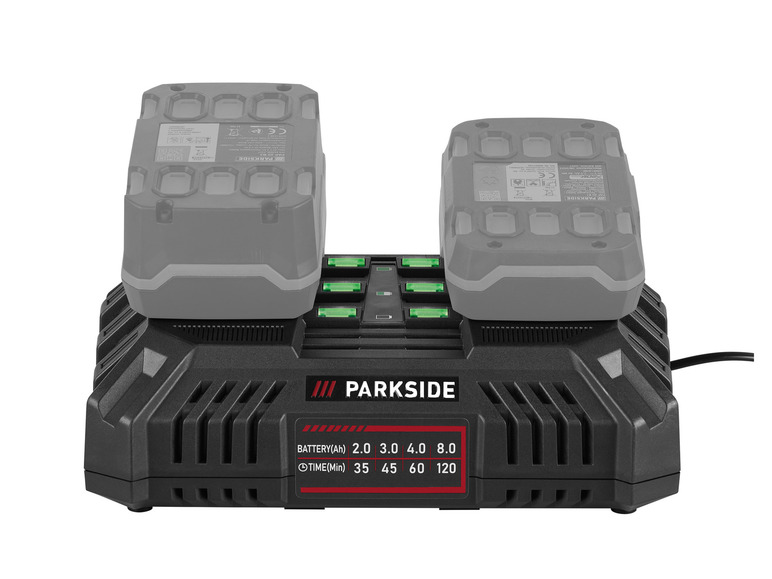 Een Parkside accu-lader met twee accu's.