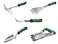 Tuingereedschap van Parkside: schoffel, hark, schep en plantgatmaker.