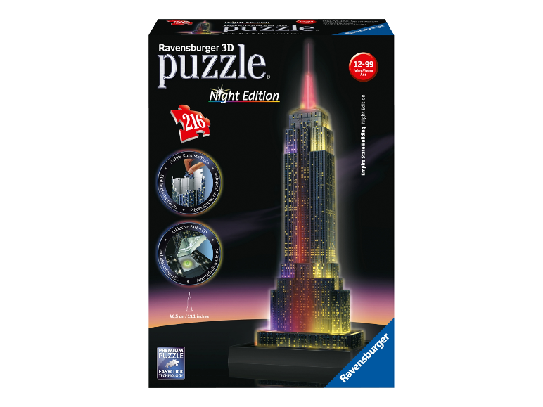 Ravensburger 3D-puzzel Empire State Building Night Edition met 216 stukjes en LED-verlichting.