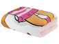 Een roze en oranje fleece deken met een cartoon-print.