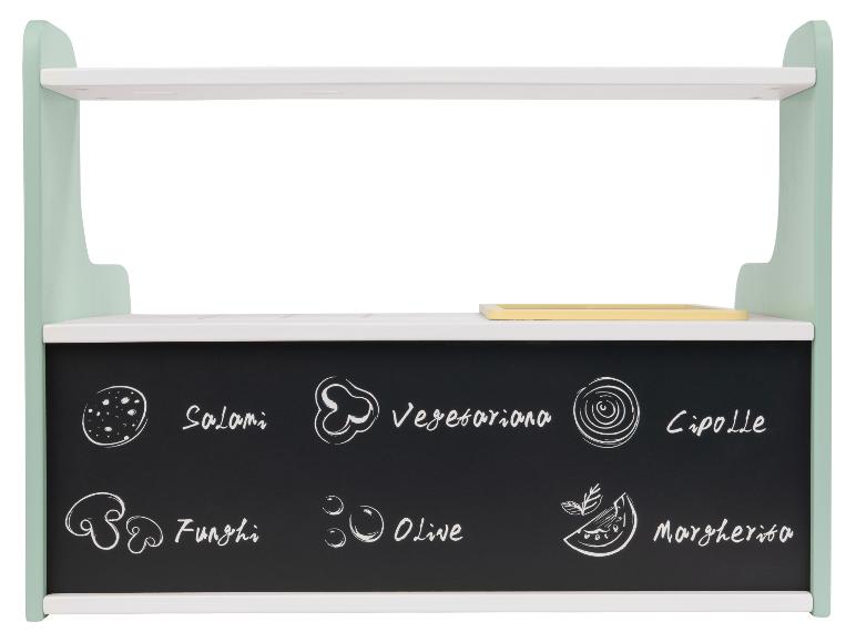 Een kinderkeuken met een krijtbordmenu met pizzatoppings en -soorten.