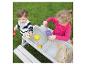 Twee kinderen spelen met een zand- en watertafel in een tuin.