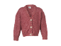 Roze gebreid vest met V-hals en drie lichte knopen.