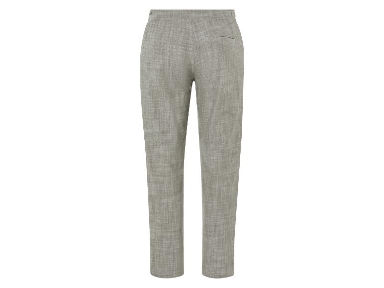 Lichtgrijze broek met linnen textuur, achterkant.