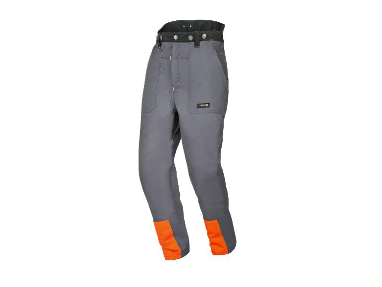 Grijze werkbroek met oranje details en zwarte tailleband.