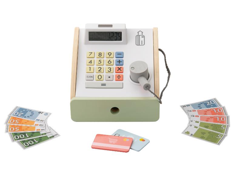 Speelgoedkassa met geld, creditcards en bon.