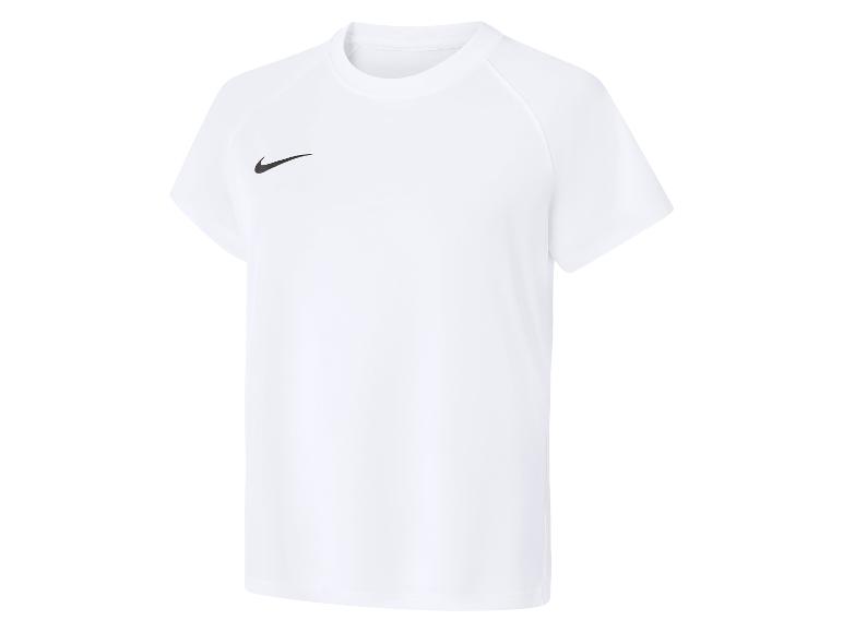 Wit sport-T-shirt met korte mouwen en een klein zwart logo op de borst.