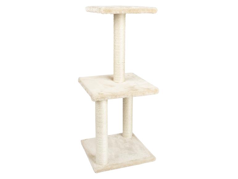 Een tweelaags kattenboom van pluche en sisal.