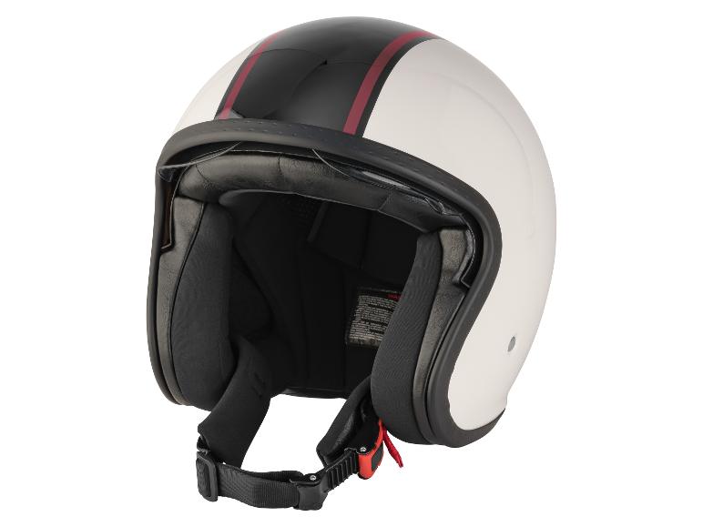 Witte en zwarte open motorhelm met rode strepen