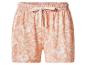 Dames shorts met elastische tailleband, trekkoord en een perzikkleurig tropisch bladpatroon.