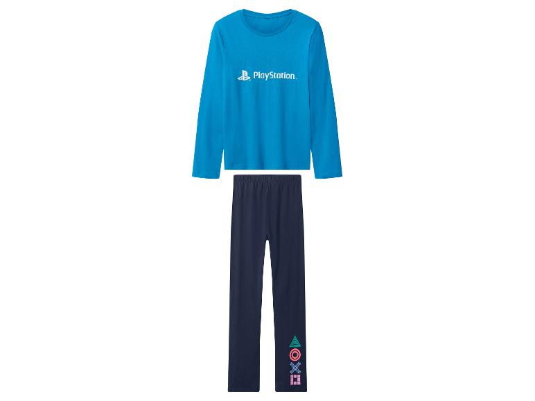 Blauwe PlayStation pyjama met lange mouwen en donkerblauwe broek met controller symbolen.