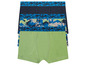Drie boxershorts met blauwe en groene patronen.