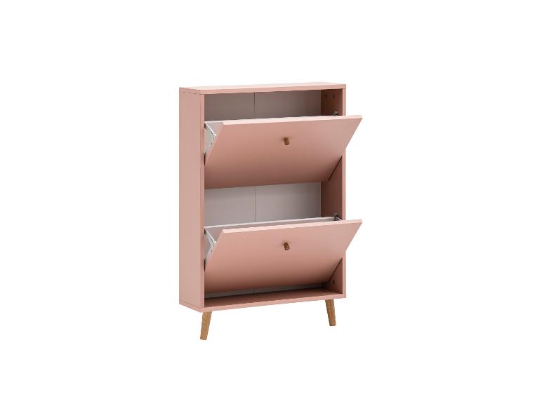 Roze schoenenkast met twee kantelbare vakken en houten poten.