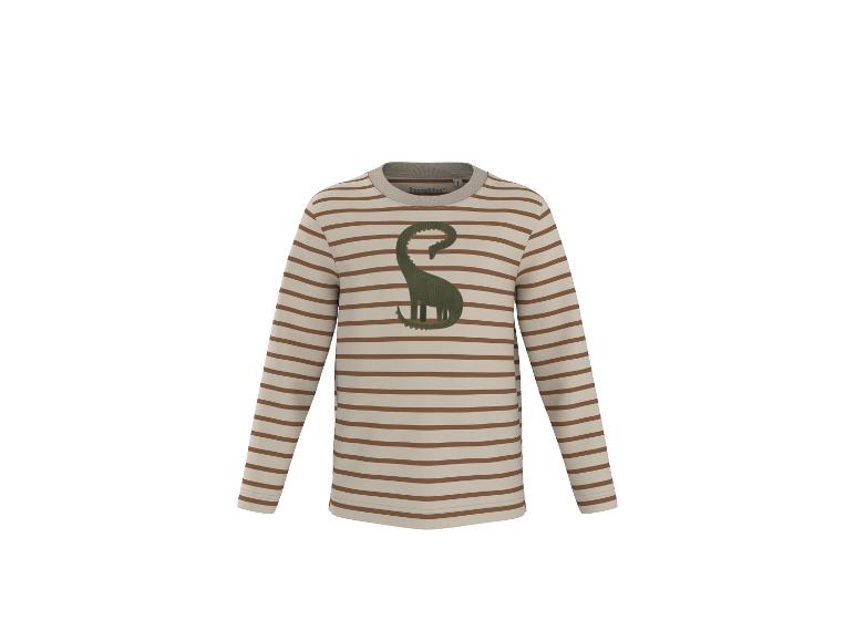 Gestreept kinder shirt met lange mouwen en een groene dinosaurus.