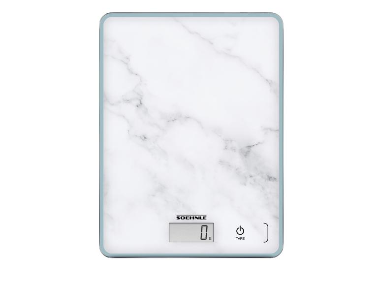 Witte keukenweegschaal met marmerpatroon en blauwe rand