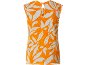 Oranje mouwloze top met witte bladprint en V-hals.