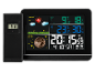 Digitale weerstation met buitensensor, toont temperatuur, luchtvochtigheid, voorspelling, maanfase en tijd.