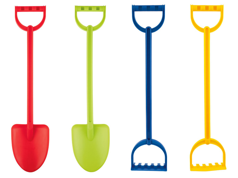 Vier kleurrijke plastic scheppen en harken voor kinderen.