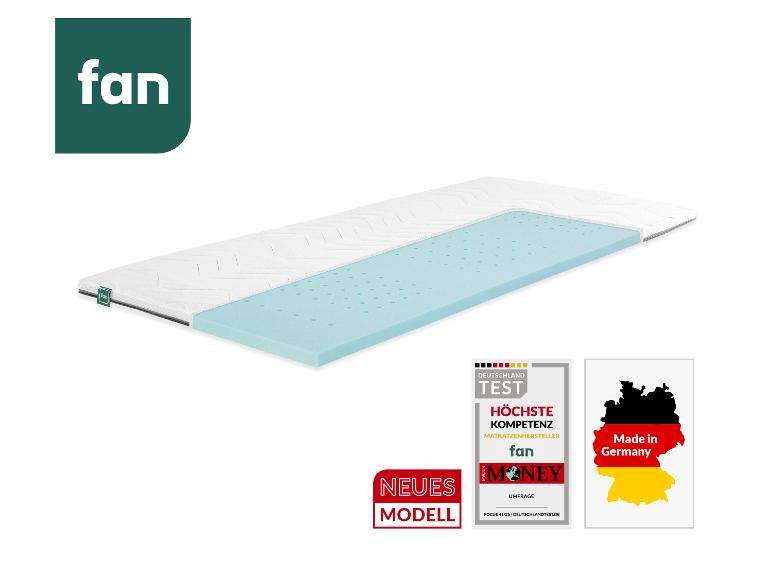 Matras met blauwe schuimlaag, 'Made in Germany' en 'Neues Modell' labels.