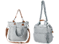 Twee grijze tassen: een grote handtas en een kleinere rugzak.