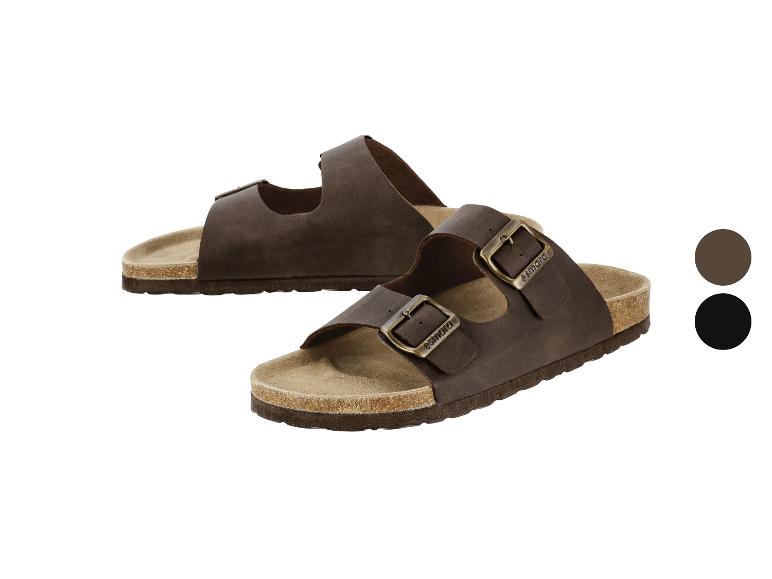 Paar bruine sandalen met dubbele band en kurkzolen, getoond met kleurstalen.