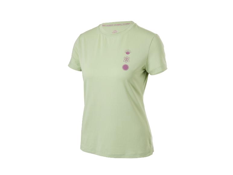 Lichtgroen CRIVIT dames sport T-shirt met korte mouwen en paarse symbolen.