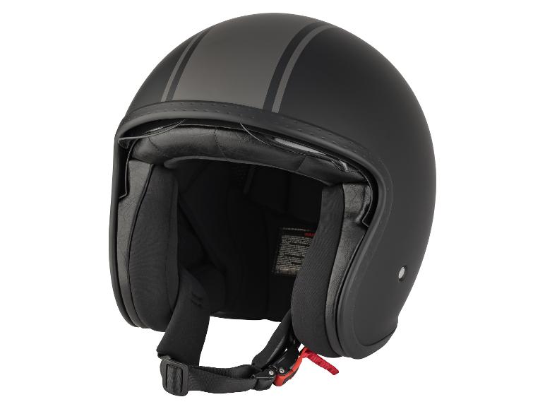 Zwarte open motorhelm met twee grijze strepen bovenop