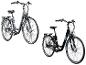 Twee elektrische fietsen, een grijze en een zwarte, op een witte achtergrond.