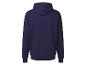 Een donkerblauwe hoodie met capuchon.