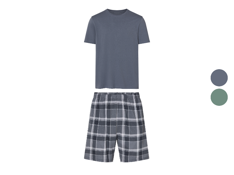 Een donkerblauw t-shirt en grijze geruite shorts.