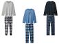 Drie herenpyjamasets met lange mouwen en geruite broeken.