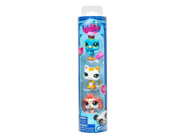 Littlest Pet Shop set met drie dierenfiguren: een vogel, een kat en een puppy.