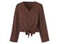 Bruine blouse met knoopjes en strik, lange mouwen, bohemian stijl.