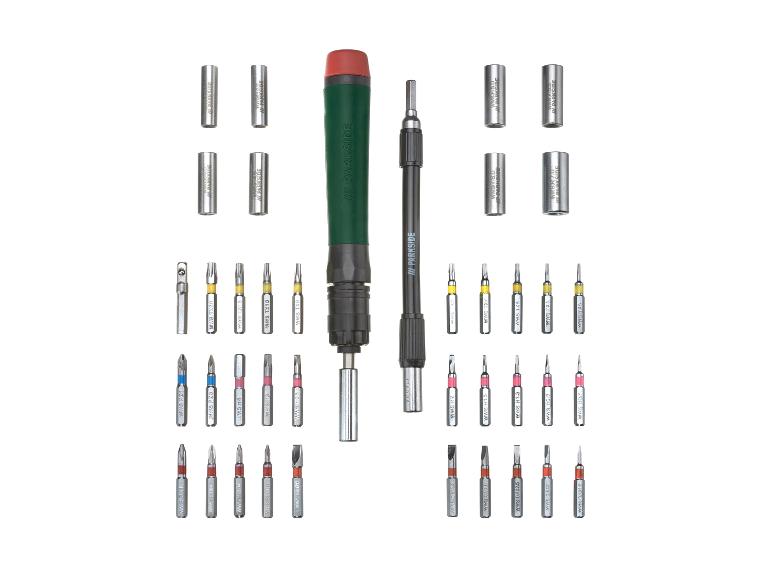 Een precisieschroevendraaierset met een groen en rood handvat en diverse bits.